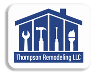 Logo for Thompson Remodeling LLC featuring a house silhouette containing four construction tools in blue and white.