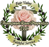 A logo featuring a cross, a large pink rose, and green olive branches, with the text "Fair Value" and "Faithful Service".
