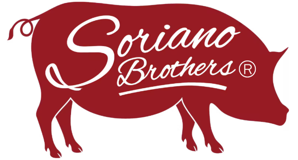 Soriano Brothers logo featuring a red pig silhouette with white script, 