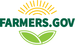 The logo for farmers.gov shows a sun and two leaves.