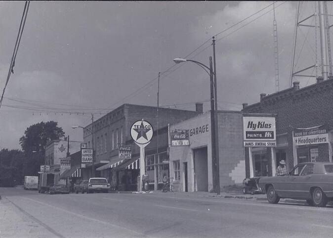 A black and white photo of a small town