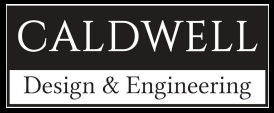 A black and white logo for caldwell design and engineering