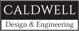 A black and white logo for caldwell design and engineering