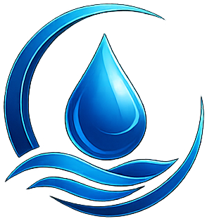 Blue eco-house logo with green leaf and wavy water lines
