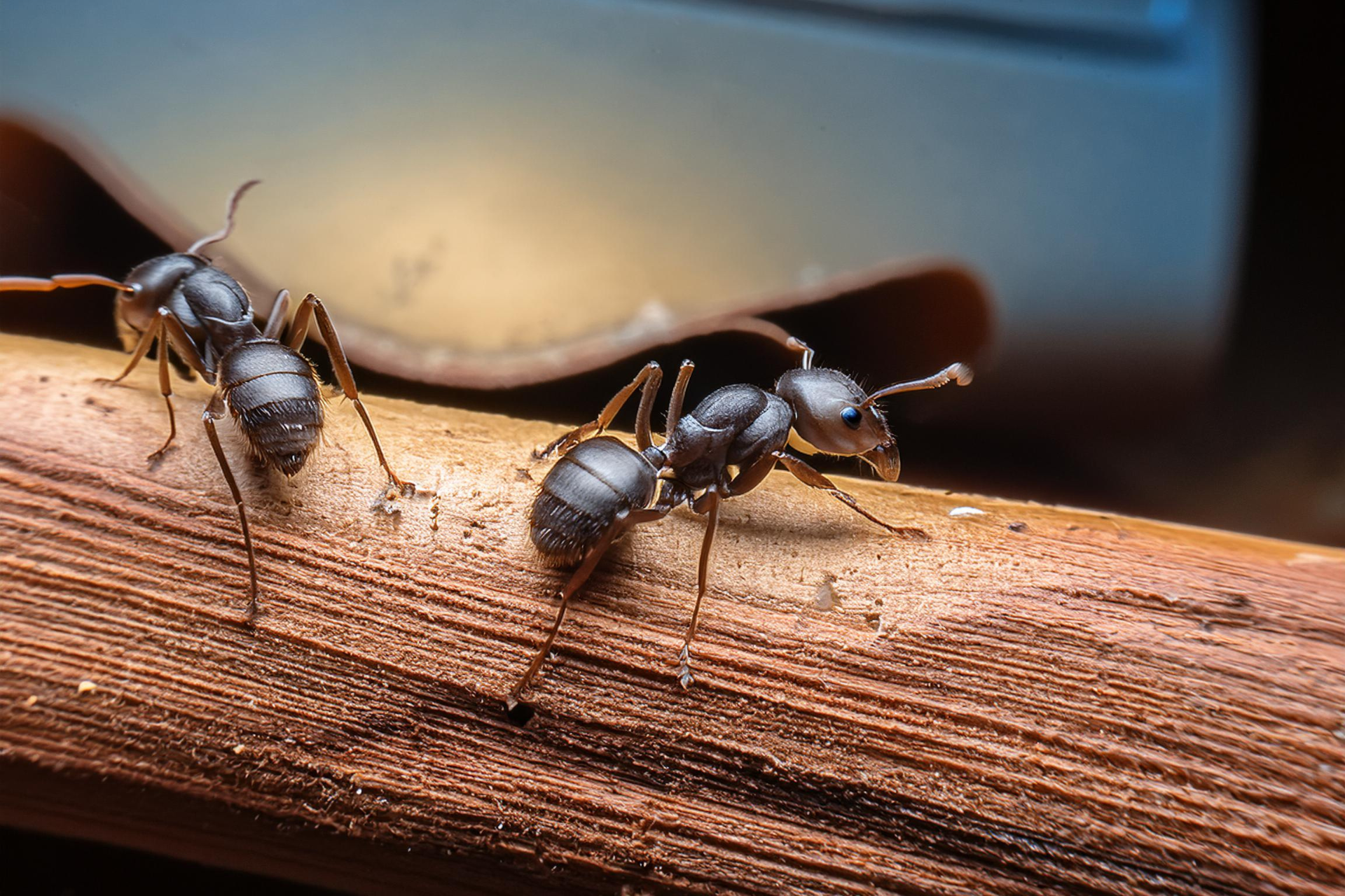 Two ants are standing on a piece of wood.