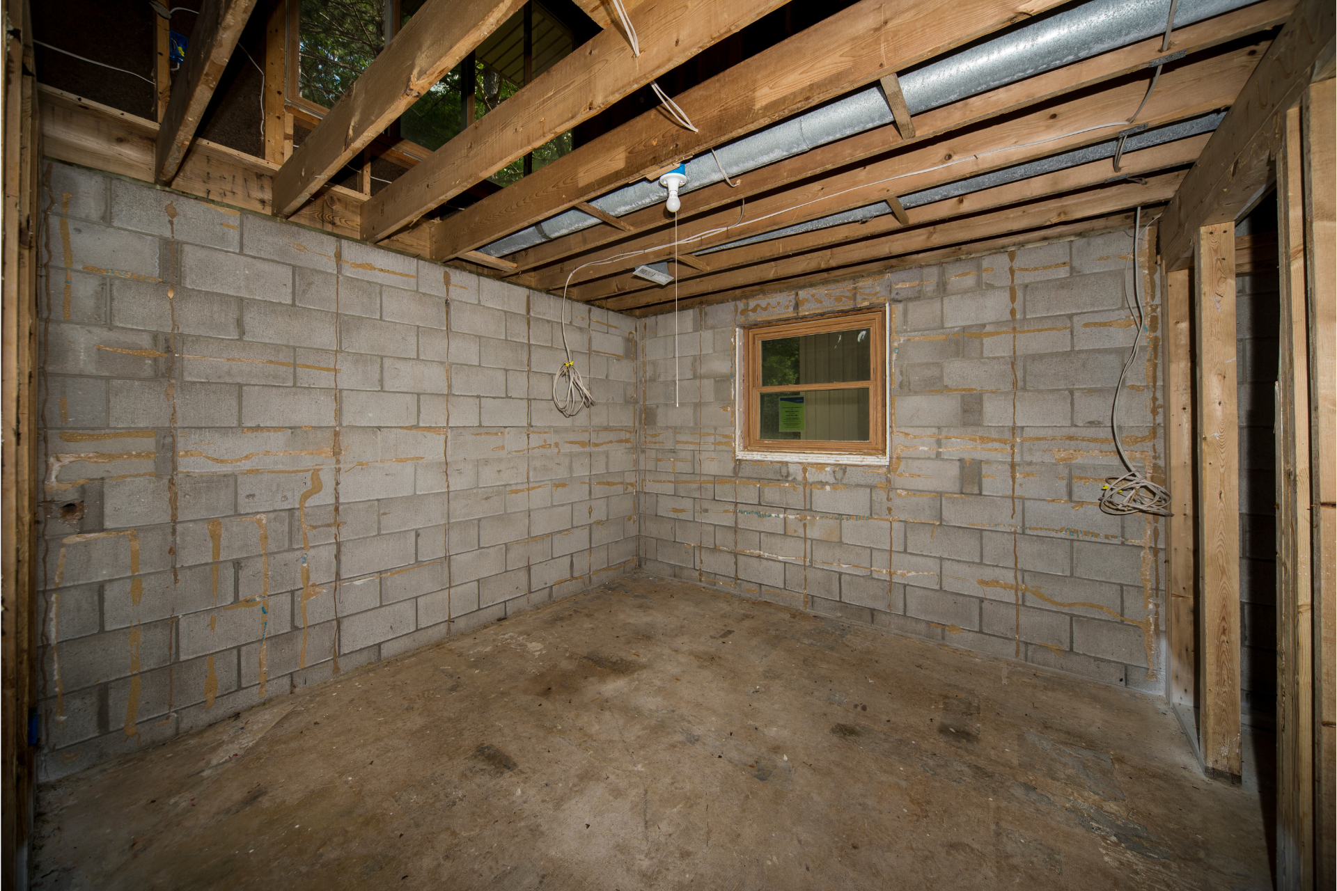 An empty basement with brick walls and a window.