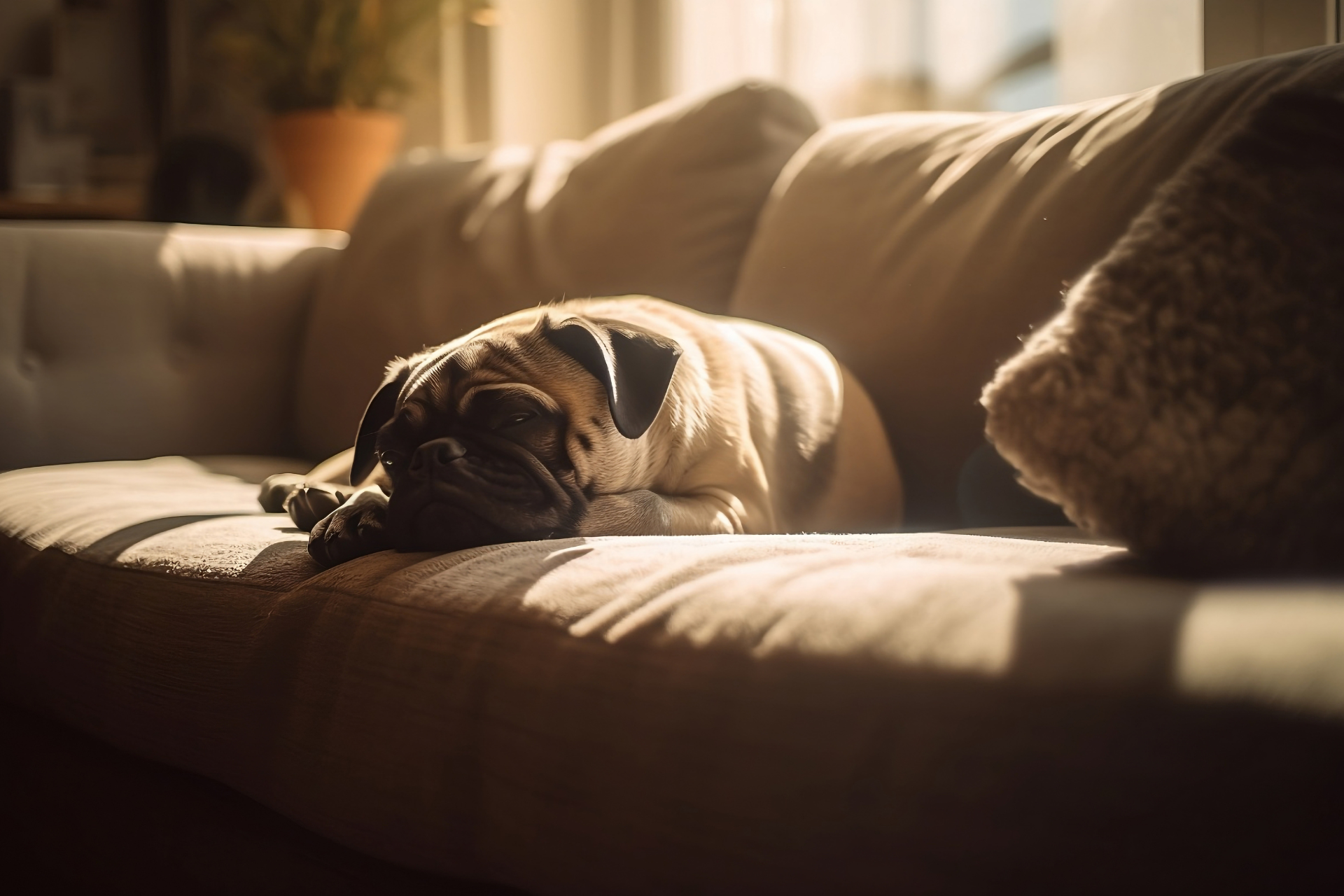 A pug dog is sleeping on a couch in the sunlight.