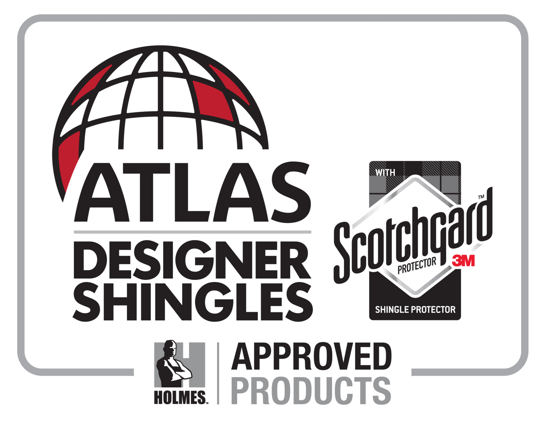 Atlas Designer Shingles and Scotchgard approved products logos on a white background