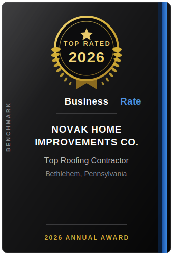 Black-and-gold 2026 Top Rated annual award for Novak Home Improvements Co., a roofing contractor in Bethlehem, PA