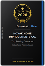 Black-and-gold 2026 Top Rated annual award for Novak Home Improvements Co., a roofing contractor in Bethlehem, PA