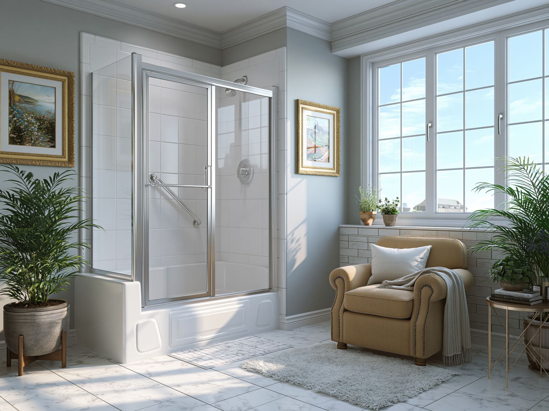 Bright bathroom with glass shower, large window, wicker chair, plants, and sunlight on tiled floor.