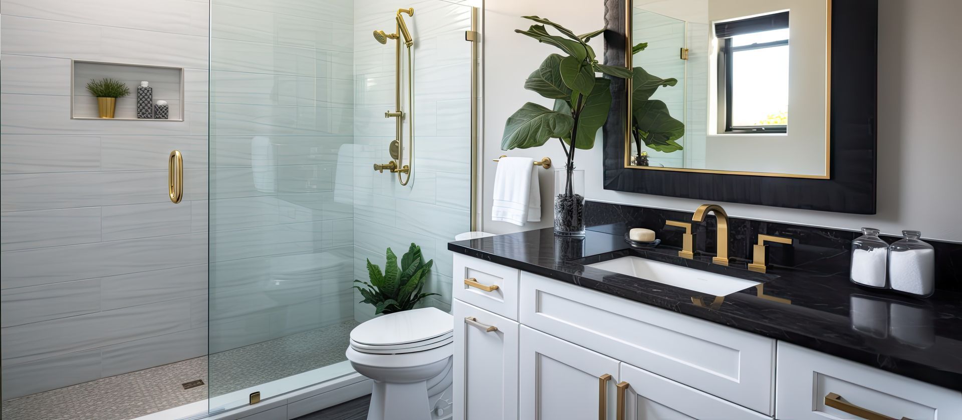 Frameless glass shower door installation in a modern bathroom with gold fixtures.