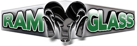 Ram Glass Service RAM and GLASS logo with a black ram head centered between green and white text