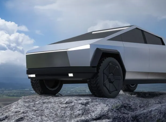 Futuristic silver pickup truck with angular design parked on a rocky overlook under a cloudy sky