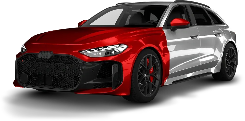 Red and silver sports sedan with black rims, shown in a three-quarter front view.