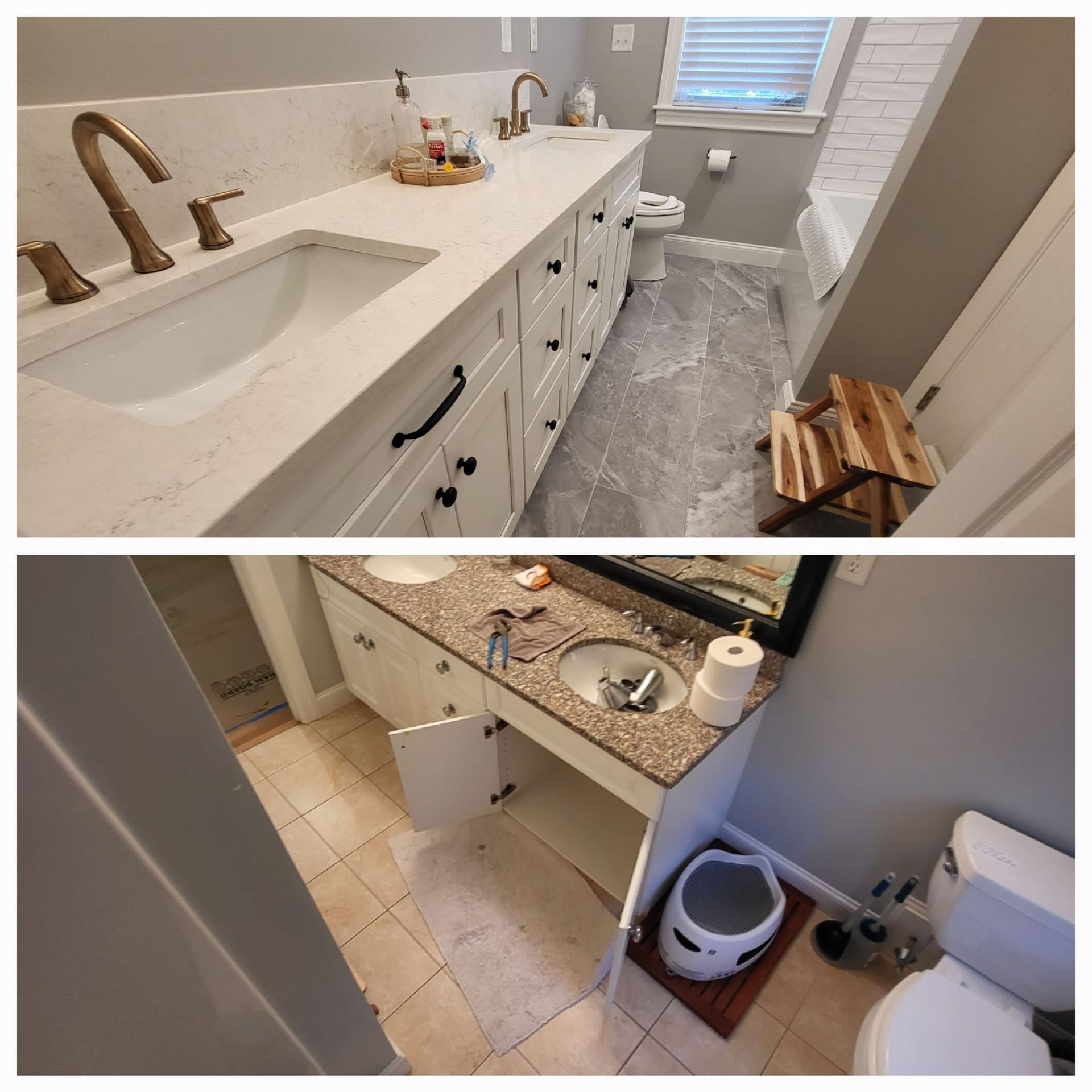 Bathroom renovation with white vanity, tiled floor covered in dust, and unfinished sink area.