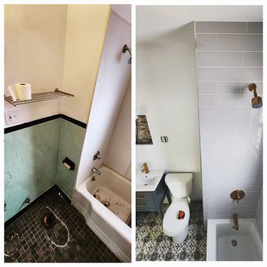 Before-and-after bathroom view: old shower area beside a newly tiled toilet and shower stall.