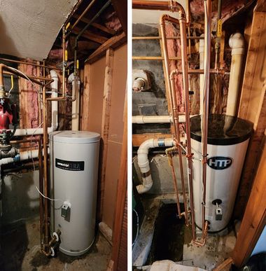 Two photos of a white water heater in a basement utility area with exposed pipes and wiring