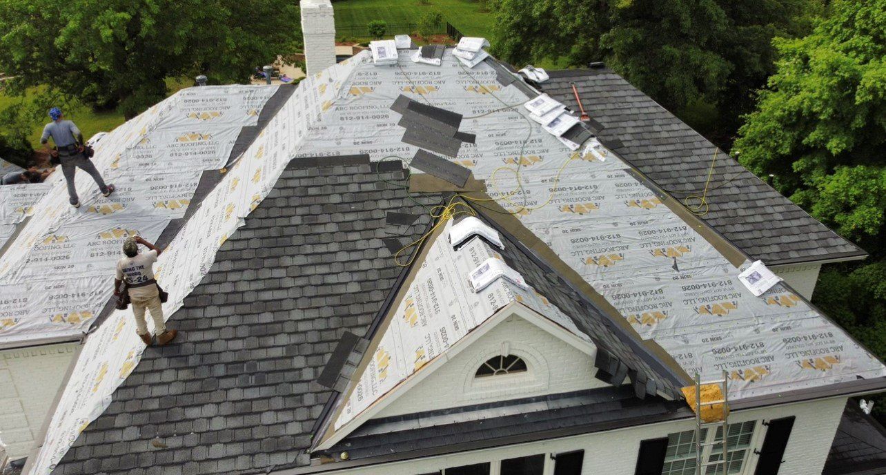 Aerial front view of white and gray roof — Georgetown, IN — ARC Roofing LLC