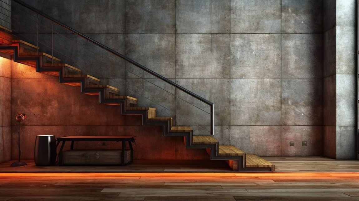 Dim concrete stairway with black railing against a gray wall, lit by warm orange light from the left.