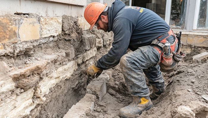 Construction worker digging a trench beside a stone wall in La Habra CA