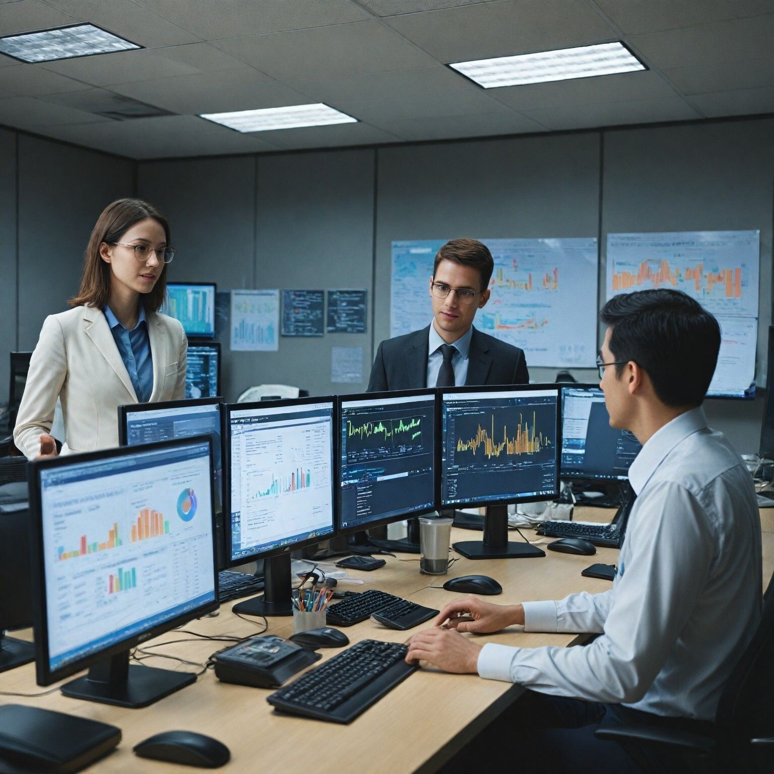 AI-generated image of office workers analyzing data on multiple computer screens, focusing on AI-driven performance metrics and analytics