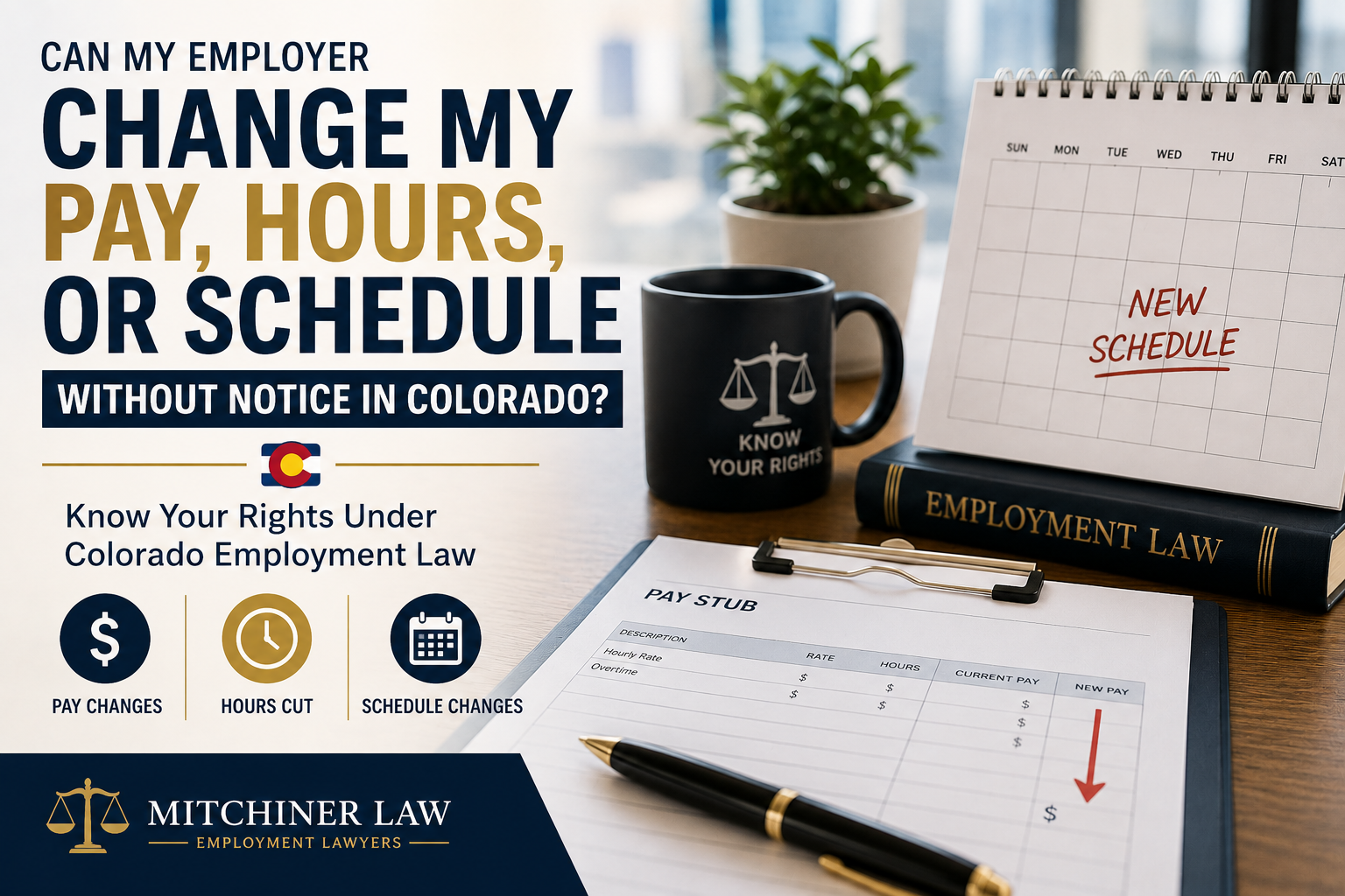 Colorado employment law guide explaining employee rights when pay, hours, or work schedules change.