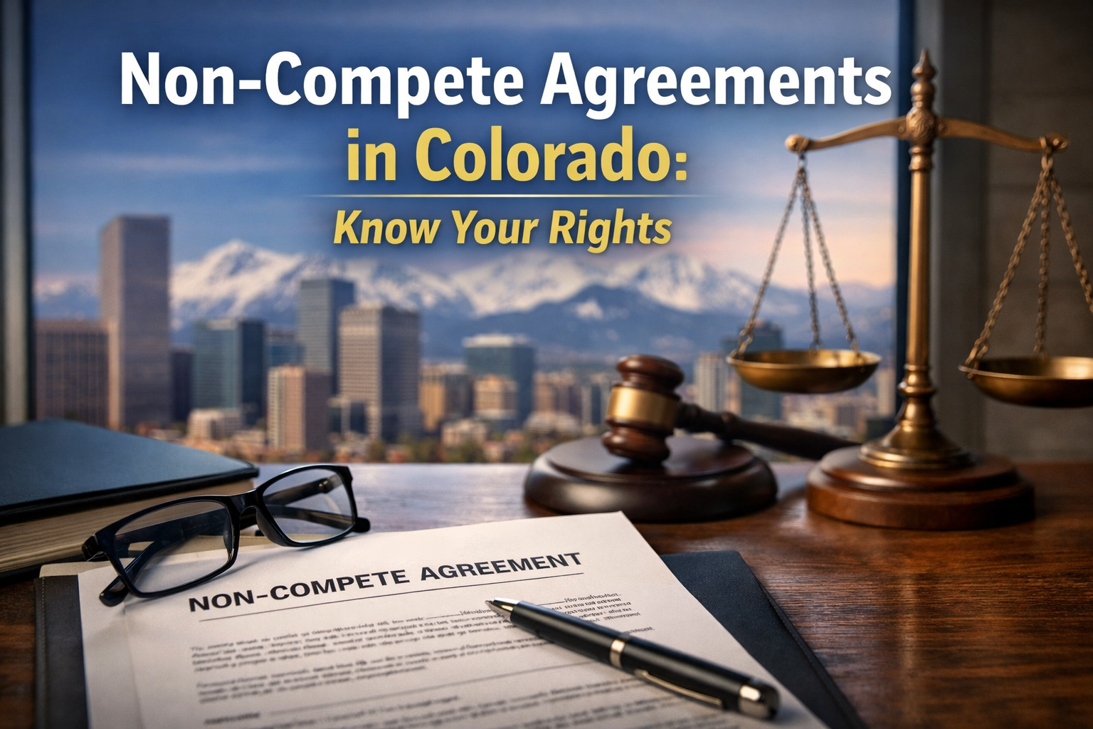 Non-compete agreement document with legal tools and Denver skyline, representing Colorado employment law and employee rights