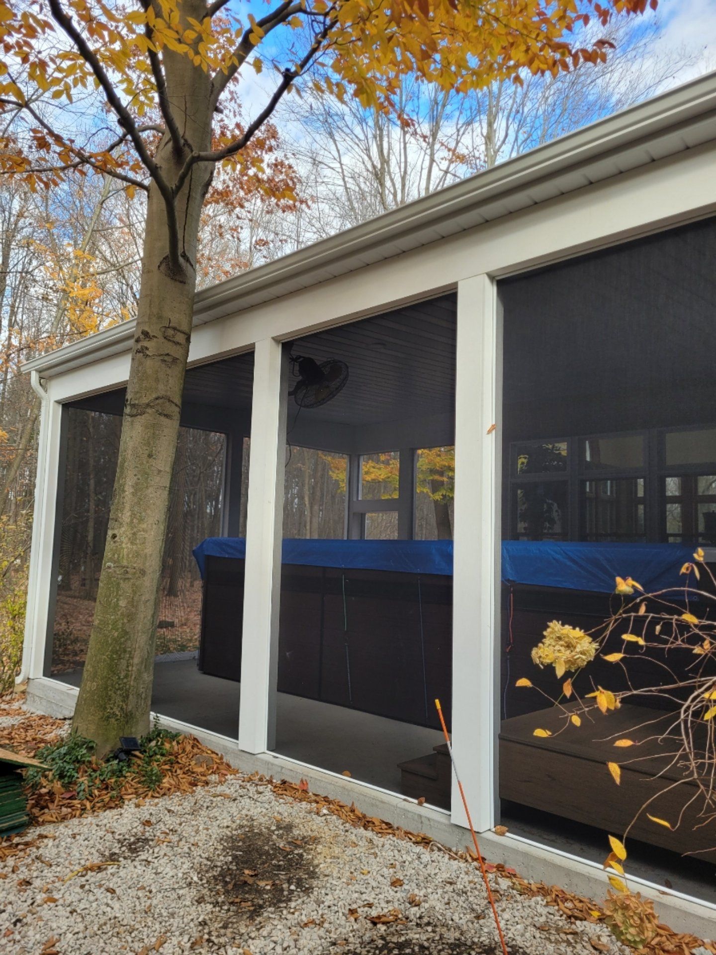 Screened-in porch with a hot tub covered in blue. Tree with yellow leaves.