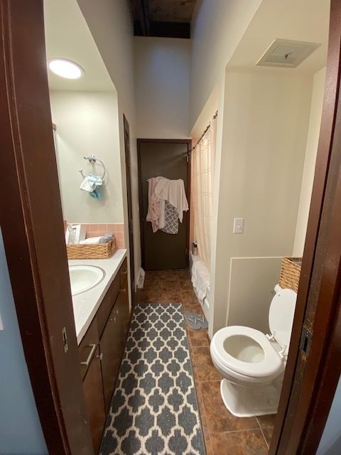 Narrow bathroom with dark wood doors, vanity on left, toilet on right, and patterned rug.