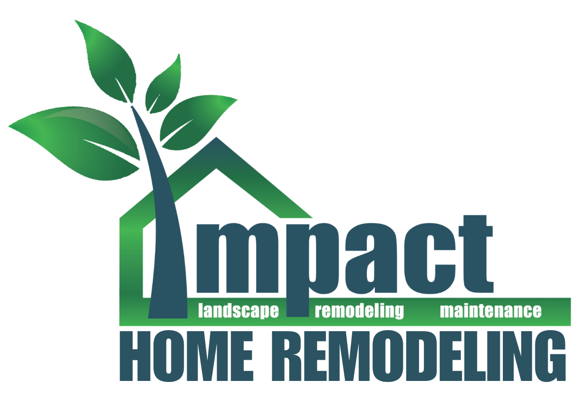 Logo for Impact Home Remodeling with a house silhouette, tree, and services listed below in green.