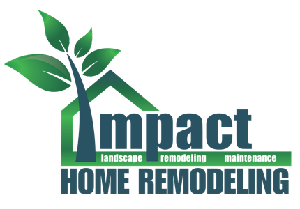 Logo for Impact Home Remodeling: Green leaves and a house outline with the word