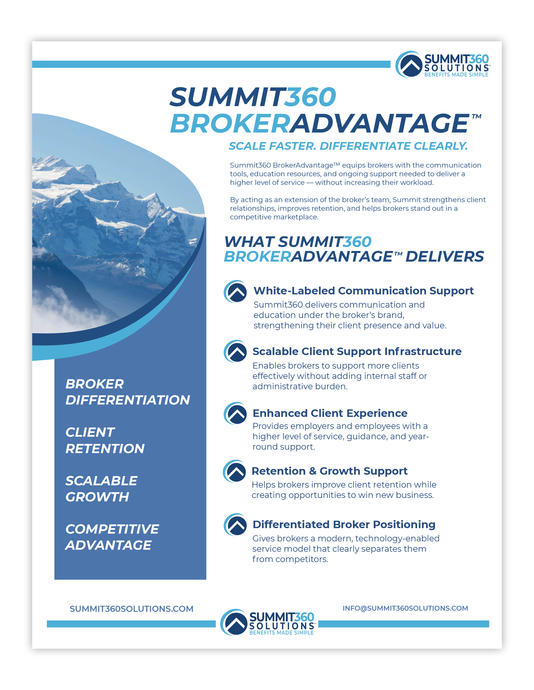 Blue-and-white broker advantage flyer with mountain graphic and bullet points on services