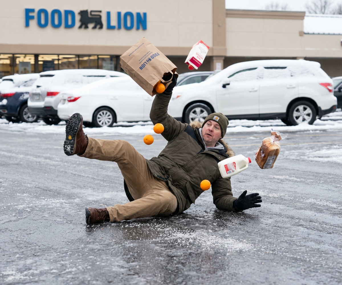 Man slips on ice outside a Food Lion, dropping groceries. Oranges, milk, and bread are airborne. Snowy parking lot.