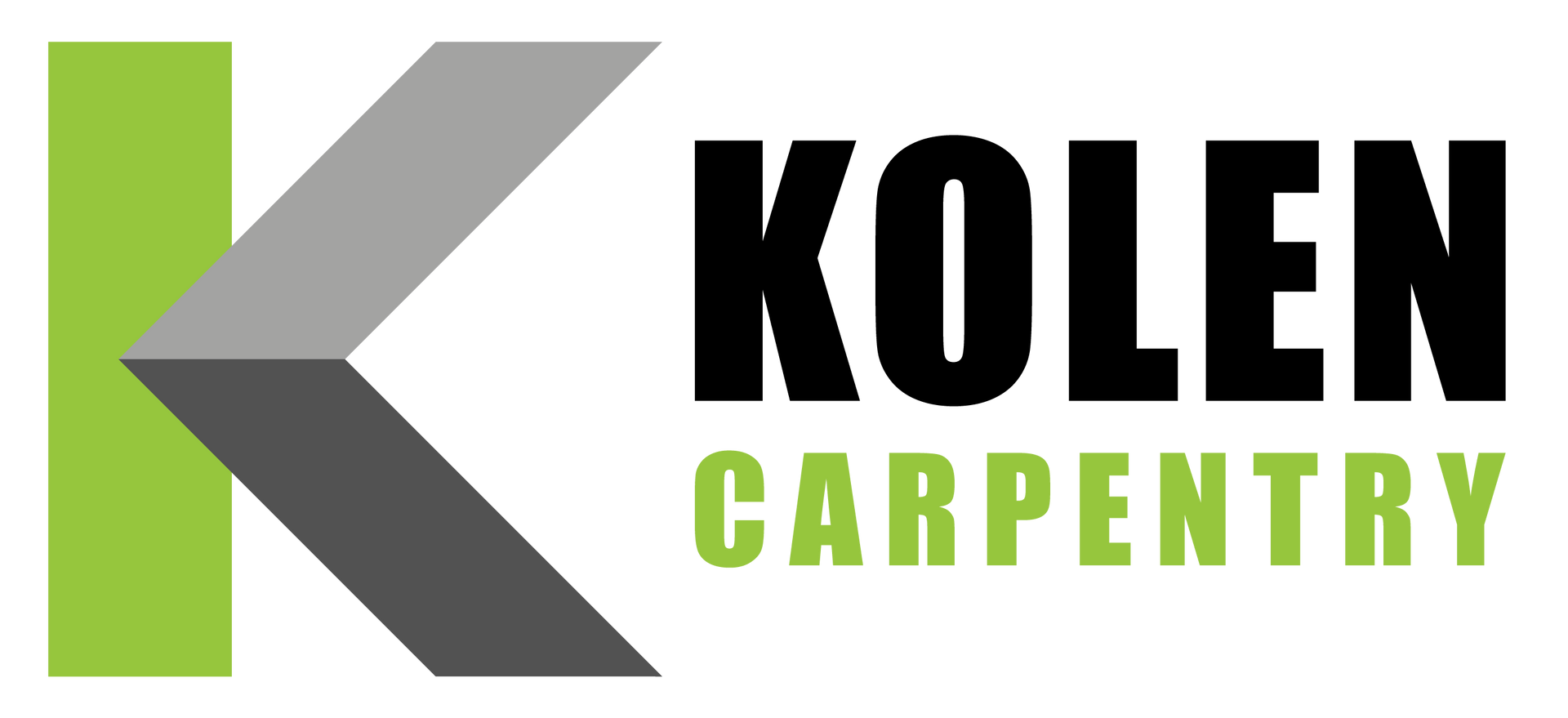 Logo for Kolen Carpentry: Green "K" shape with gray and black geometric elements, black text "KOLEN" and green text "CARPENTRY."