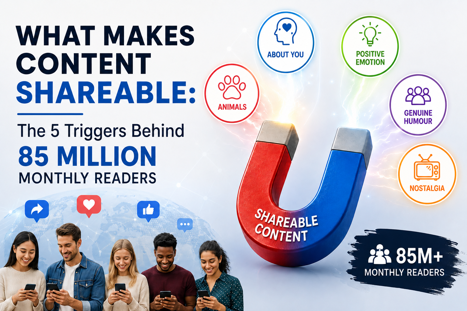 Infographic: “What makes content shareable,” with a red-blue magnet and icons for the 5 triggers behind 85M readers