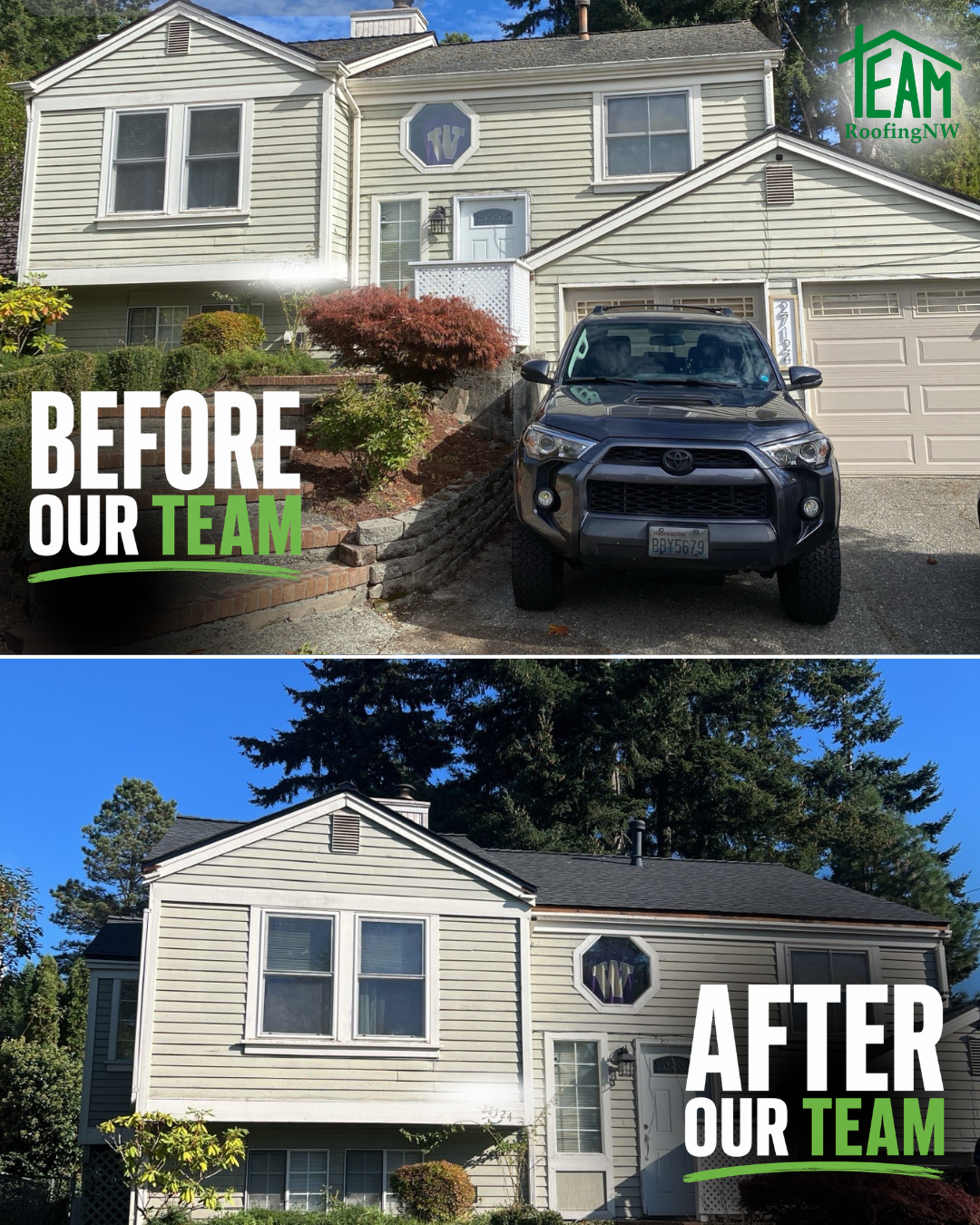 Before-and-after of a house exterior and driveway, with an SUV removed and lawn and siding cleaned up.