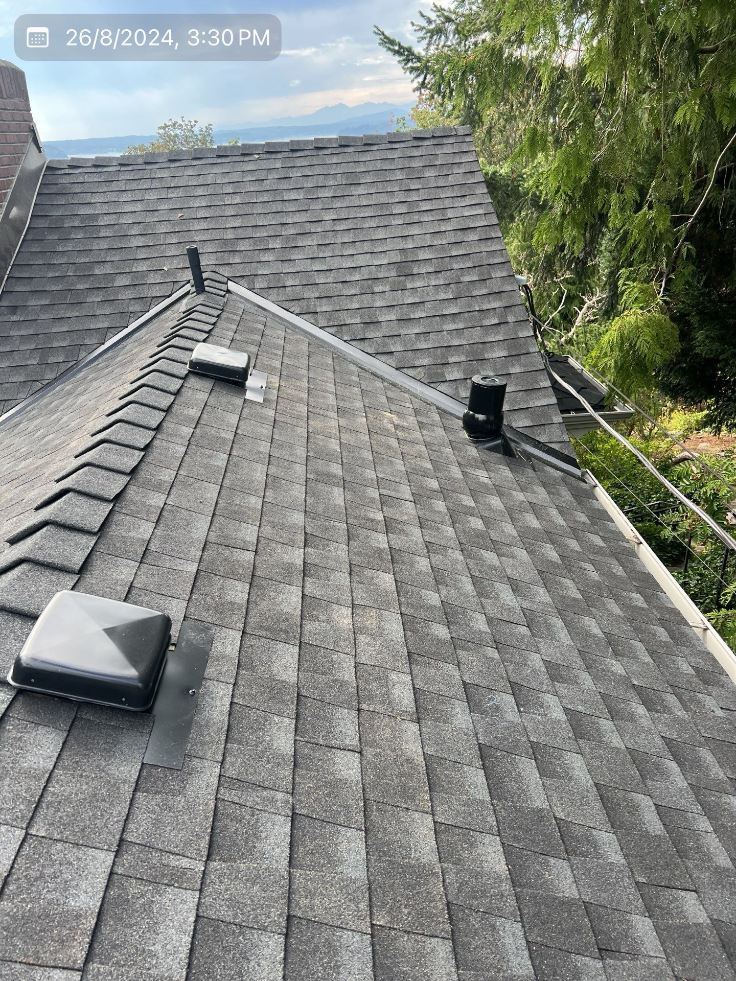 Gray asphalt shingle roof with vents, against a backdrop of trees and a cloudy sky.