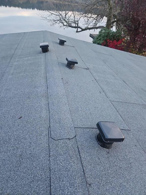 Flat roof with three vents, lake in the background. Gray roofing material and a tree with bare branches.