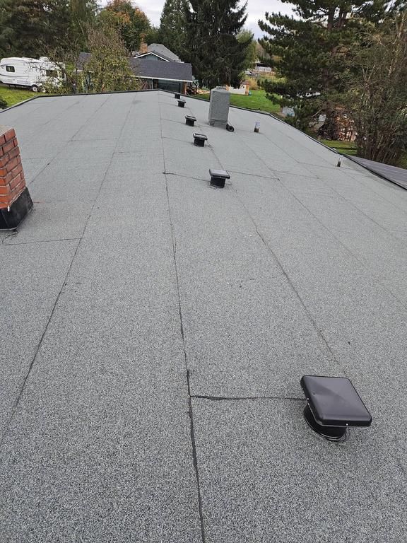 Flat rooftop with ventilation caps and a chimney. Gray roof material, overcast sky.