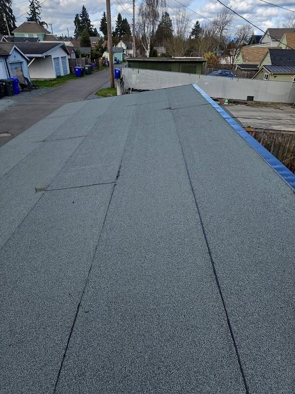 A flat rooftop with a grey, granulated surface. Blue edge trim and a residential background.