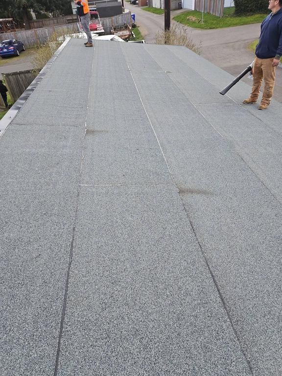 Two people on a flat roof, one using a leaf blower. Gray speckled roofing material.