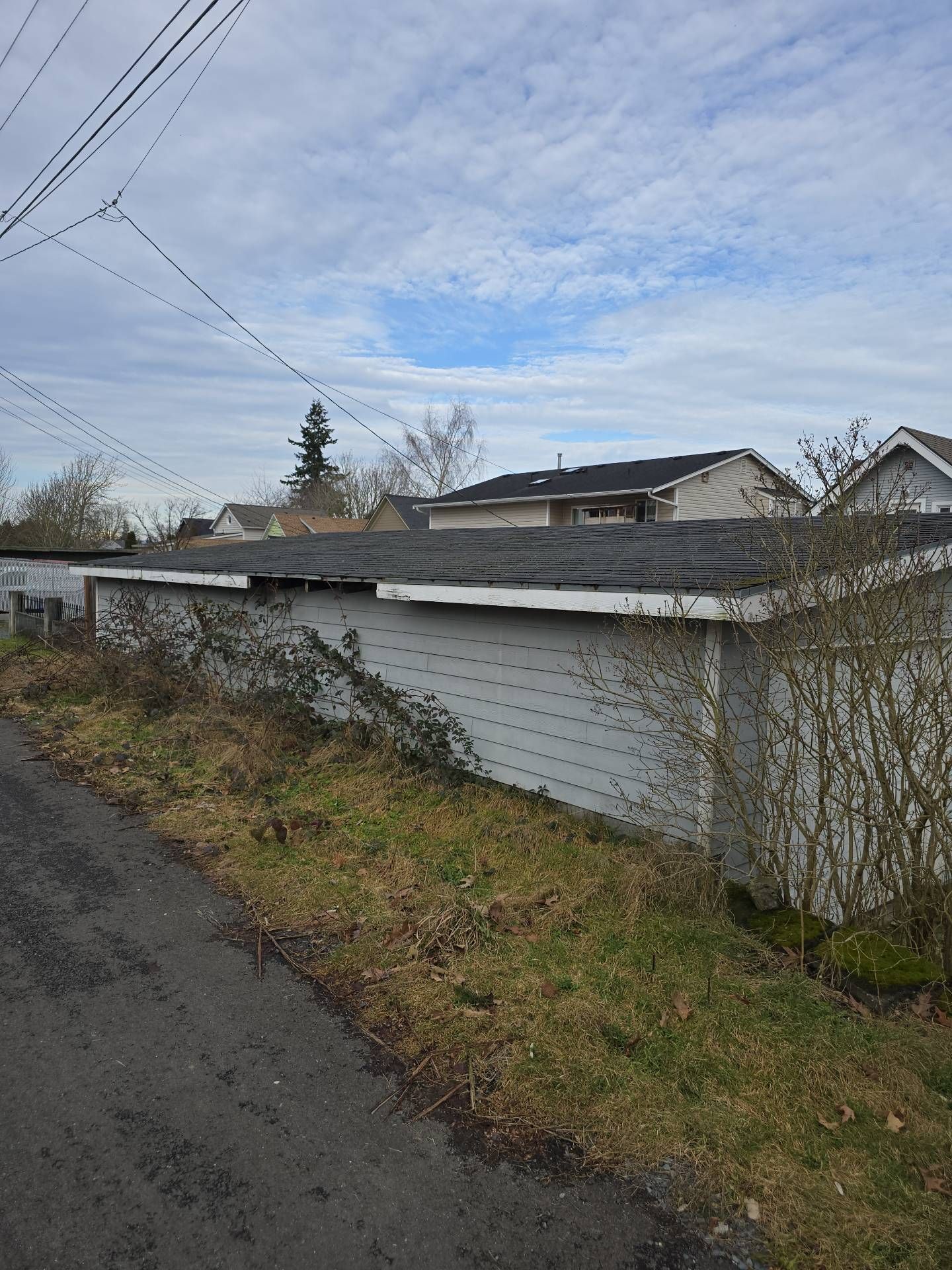 Gray garage with damaged roof, overgrown with weeds, under a cloudy sky.