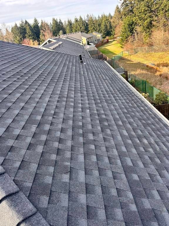 Gray asphalt shingle roof on a house, with a forested background and a sunny day.