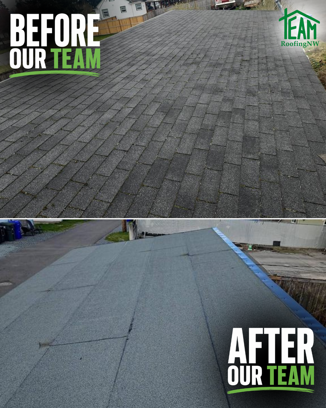 Before-and-after roof repair: worn gray shingles replaced with new gray roofing.