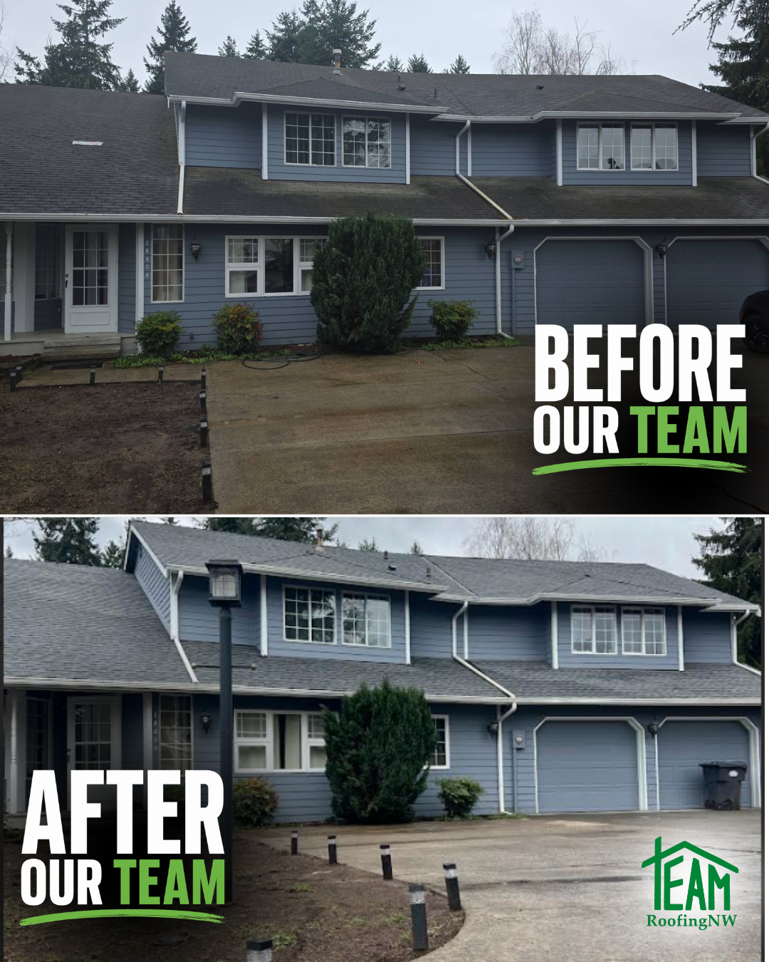 Before and after of a gray house exterior with improved landscaping and walkway