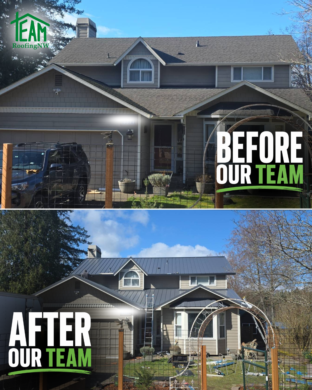 Before-and-after of a suburban house exterior with updated landscaping and porch; “Team” logo and labels.