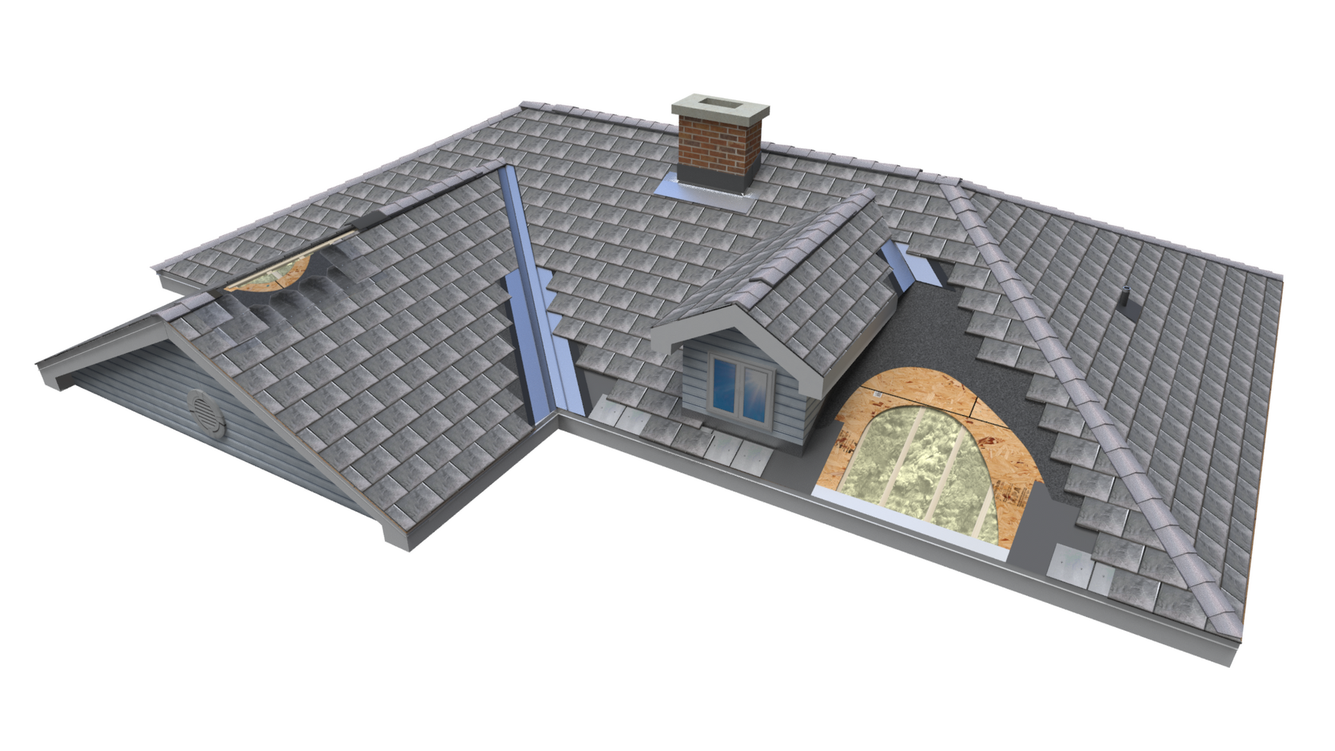 Cutaway view of a roof with grey slate Brava tile, a chimney, and a dormer with a window.