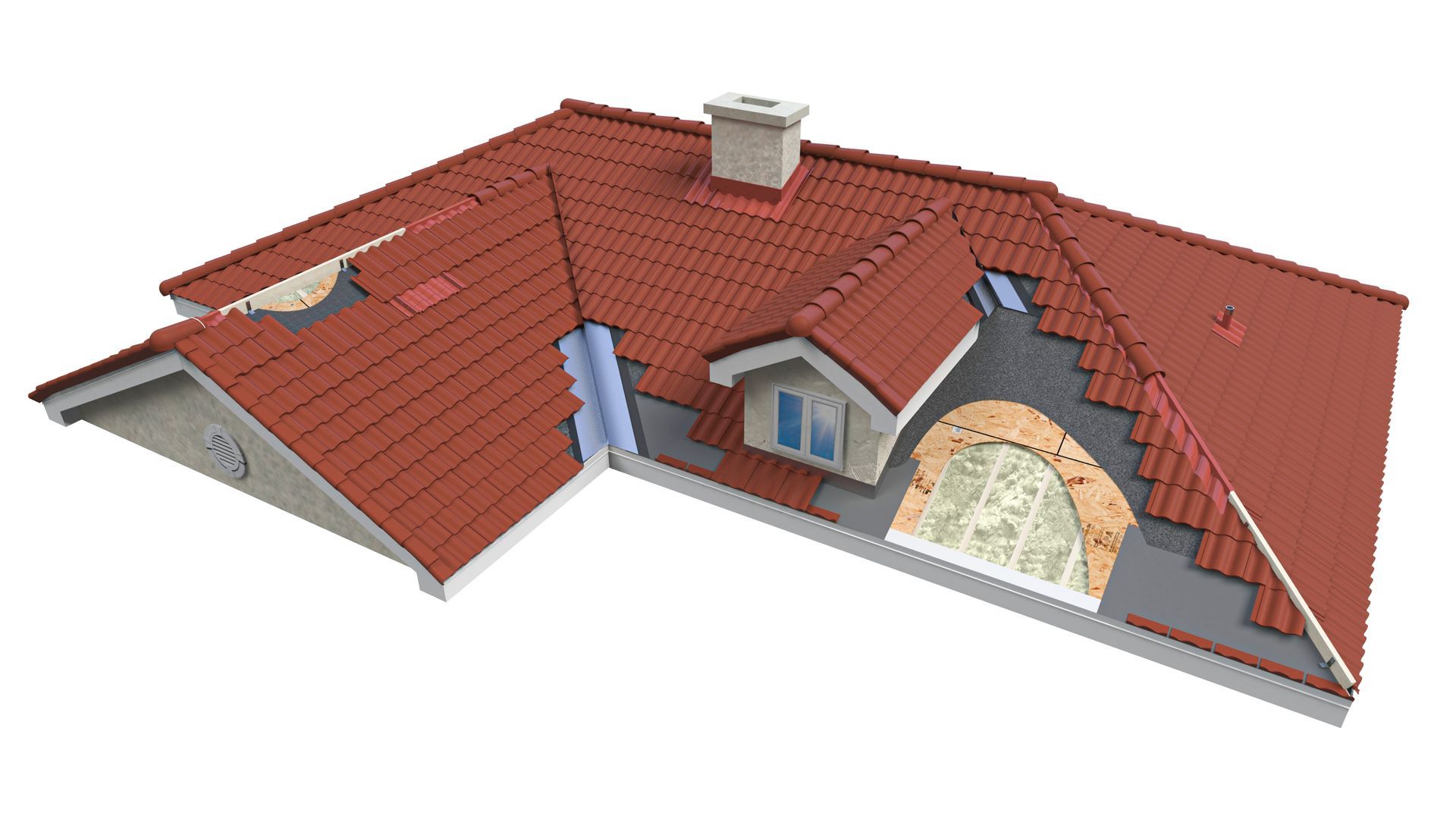 Cutaway view of a spanish tile roof, showing the interior structure of a house with a window.