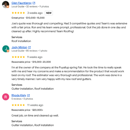 Google reviews for roof installation services with star ratings and customer comments